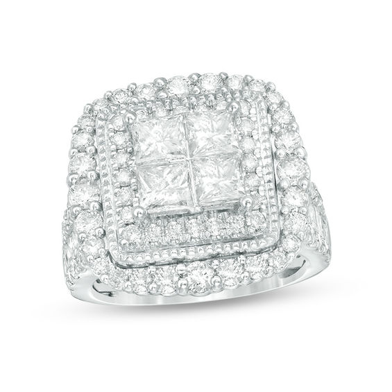 4 CT. T.w. Quad Princess-Cut Diamond Vintage-Style Double Frame Engagement Ring in 14K White Gold