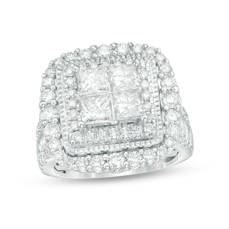 Main Image 1 of 4 CT. T.W. Quad Princess-Cut Diamond Vintage-Style Double Frame Engagement Ring in 14K White Gold