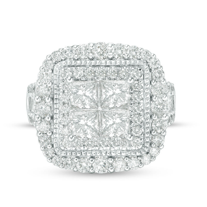 4 CT. T.W. Quad Princess-Cut Diamond Vintage-Style Double Frame Engagement Ring in 14K White Gold