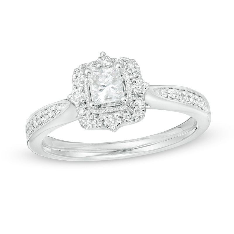 Main Image 1 of 1/2 CT. T.W. Princess-Cut Diamond Frame Vintage-Style Engagement Ring in 14K White Gold