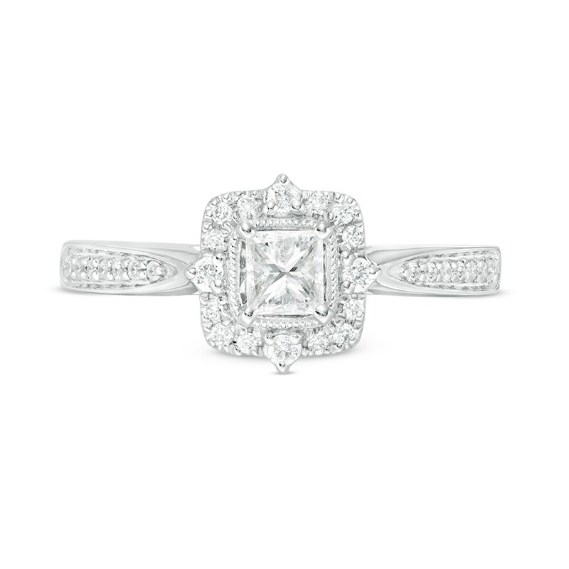 Main Image 4 of 1/2 CT. T.W. Princess-Cut Diamond Frame Vintage-Style Engagement Ring in 14K White Gold