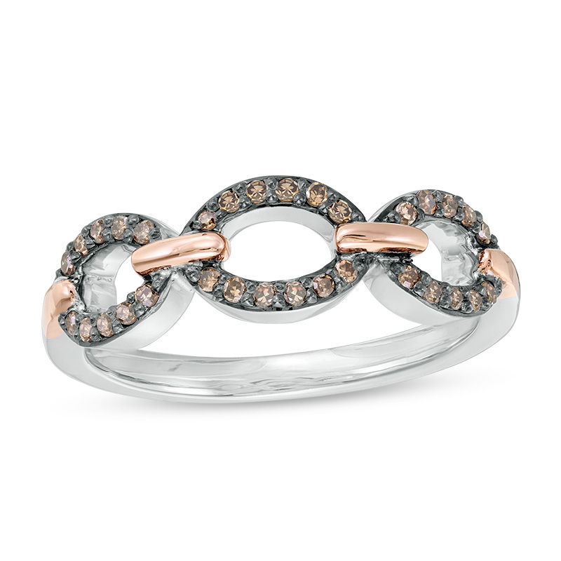 Main Image 1 of 1/5 CT. T.W. Enhanced Champagne Diamond Triple Link Ring in Sterling Silver and 10K Rose Gold