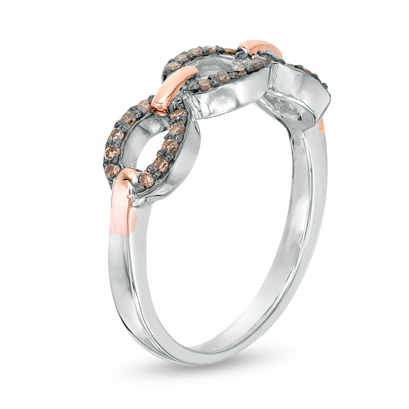 Main Image 3 of 1/5 CT. T.W. Enhanced Champagne Diamond Triple Link Ring in Sterling Silver and 10K Rose Gold