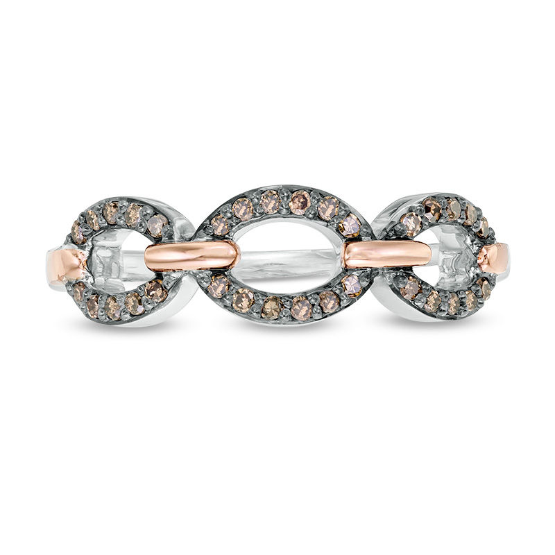 Main Image 4 of 1/5 CT. T.W. Enhanced Champagne Diamond Triple Link Ring in Sterling Silver and 10K Rose Gold