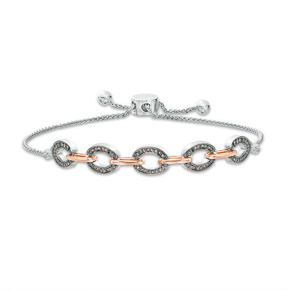 1/4 CT. T.w. Enhanced Champagne Diamond Oval Outline Link Bolo Bracelet in Sterling Silver and 10K Rose Gold - 9.5"
