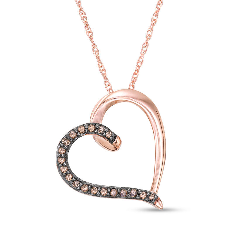 Main Image 1 of 1/15 CT. T.W. Enhanced Champagne Diamond Tilted Heart Outline Pendant in 10K Rose Gold