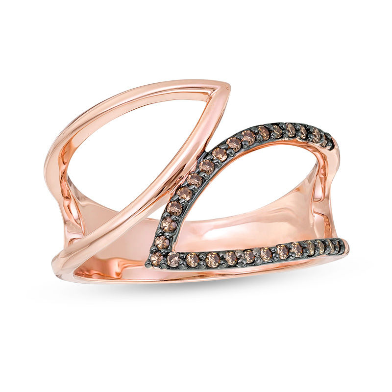 Main Image 1 of 1/6 CT. T.W. Enhanced Champagne Diamond Double Leaf Outline Wrap Ring in 10K Rose Gold