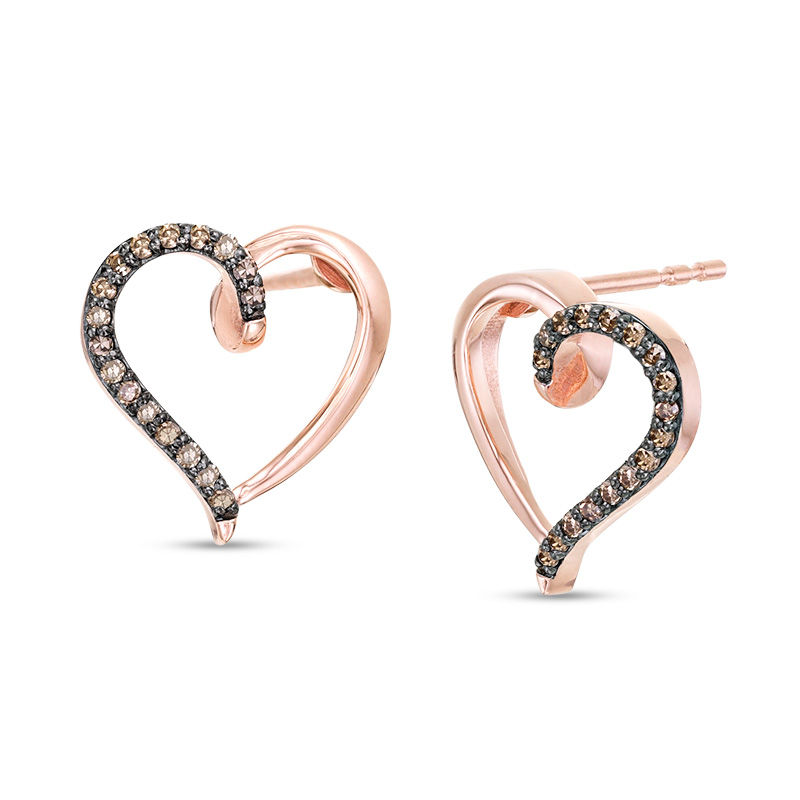Main Image 1 of 1/10 CT. T.W. Enhanced Champagne Diamond Heart Outline Stud Earrings in 10K Rose Gold