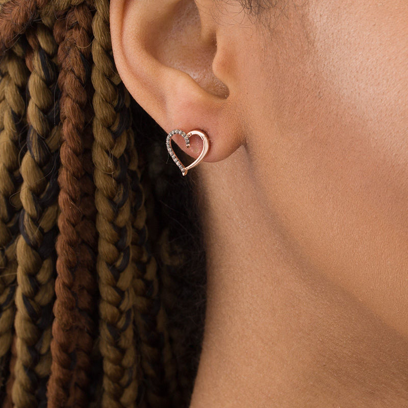 Main Image 2 of 1/10 CT. T.W. Enhanced Champagne Diamond Heart Outline Stud Earrings in 10K Rose Gold