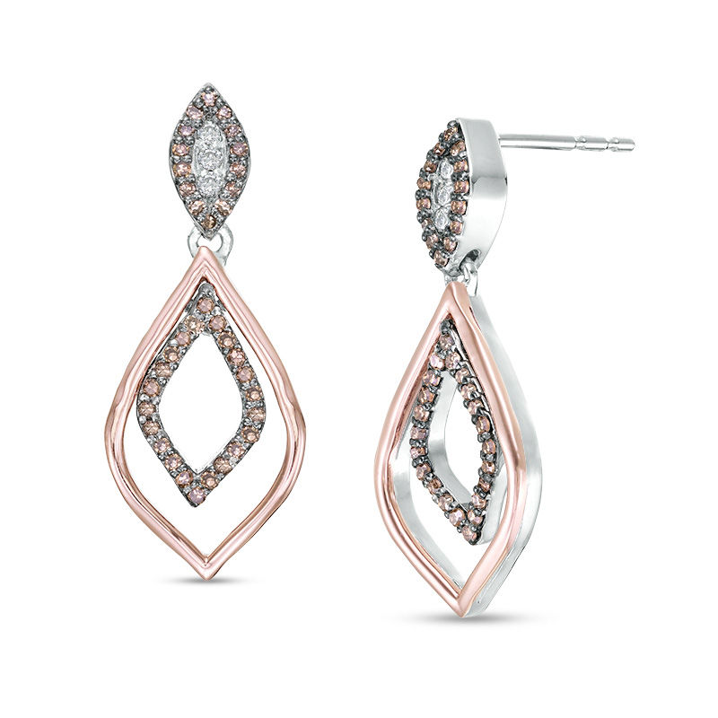 Main Image 1 of 1/4 CT. T.W. Enhanced Champagne and White Diamond Marquise Outline Drop Earrings in Sterling Silver and 10K Rose Gold
