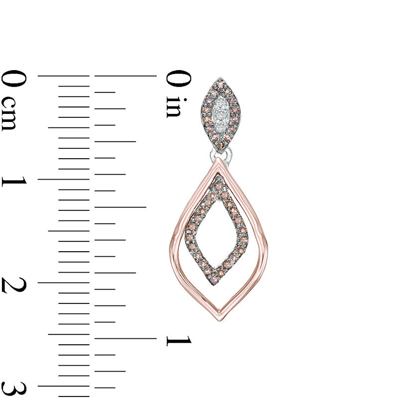 Main Image 3 of 1/4 CT. T.W. Enhanced Champagne and White Diamond Marquise Outline Drop Earrings in Sterling Silver and 10K Rose Gold