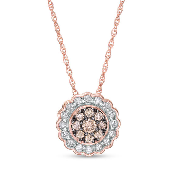 1/4 CT. T.w. Enhanced Champagne and White Diamond Scallop Frame Pendant in 10K Rose Gold