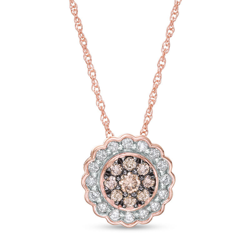 Main Image 1 of 1/4 CT. T.W. Enhanced Champagne and White Diamond Scallop Frame Pendant in 10K Rose Gold