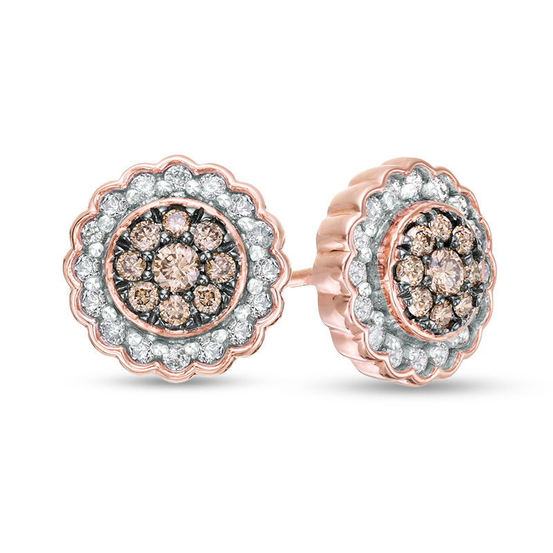 Main Image 1 of 1/2 CT. T.W. Enhanced Champagne and White Diamond Scallop Frame Stud Earrings in 10K Rose Gold
