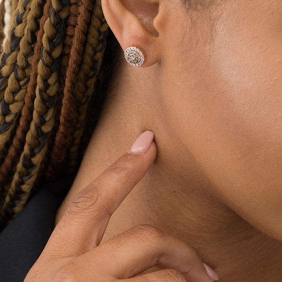 1/2 CT. T.w. Enhanced Champagne and White Diamond Scallop Frame Stud Earrings in 10K Rose Gold