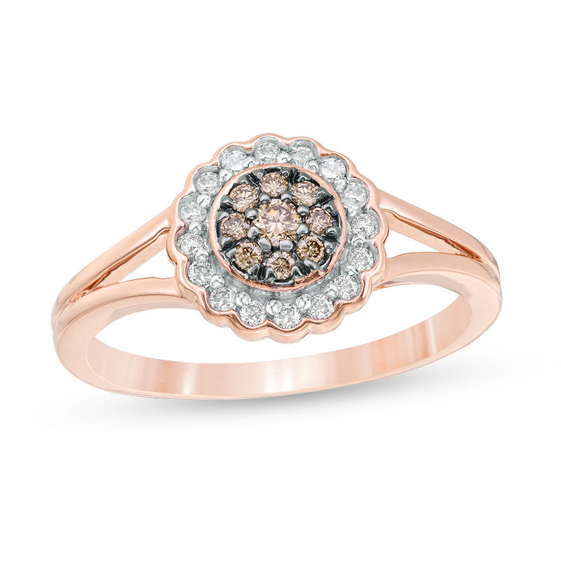 Main Image 1 of 1/4 CT. T.W. Enhanced Champagne and White Diamond Scallop Frame Split Shank Ring in 10K Rose Gold