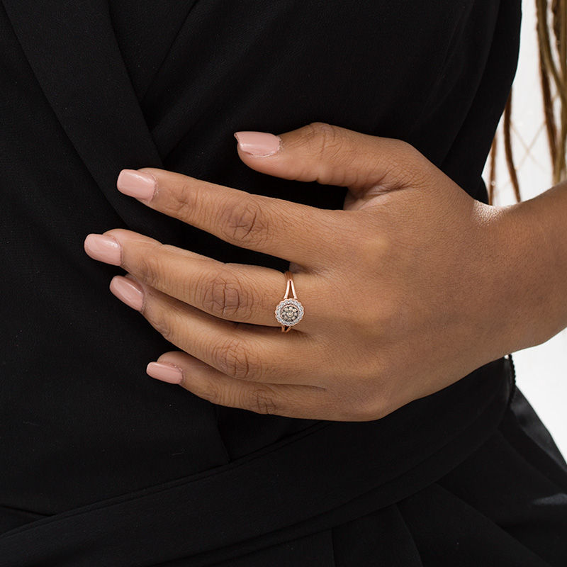 Main Image 2 of 1/4 CT. T.W. Enhanced Champagne and White Diamond Scallop Frame Split Shank Ring in 10K Rose Gold