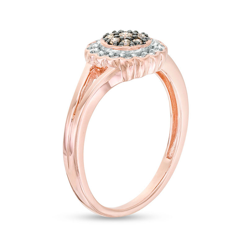 Main Image 3 of 1/4 CT. T.W. Enhanced Champagne and White Diamond Scallop Frame Split Shank Ring in 10K Rose Gold