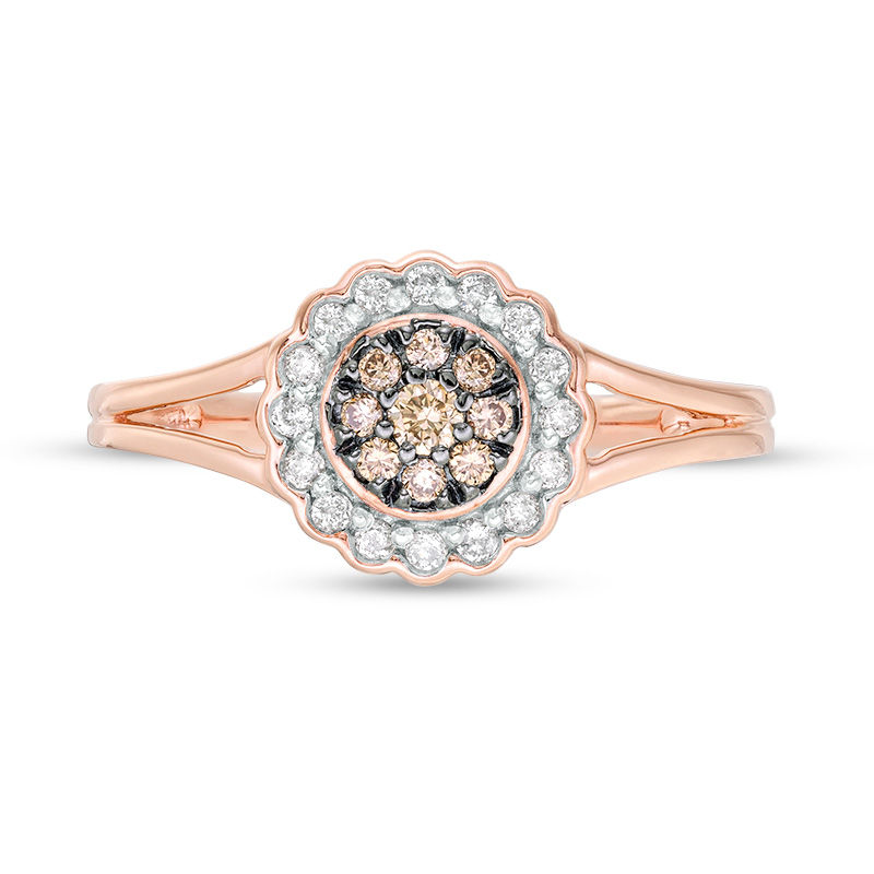 Main Image 4 of 1/4 CT. T.W. Enhanced Champagne and White Diamond Scallop Frame Split Shank Ring in 10K Rose Gold