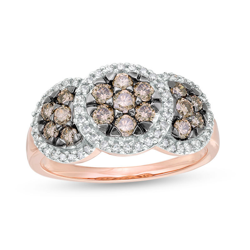Main Image 1 of 1 CT. T.W. Composite Enhanced Champagne and White Diamond Frame Three Stone Ring in 10K Rose Gold