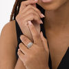 Thumbnail Image 2 of 1 CT. T.W. Composite Enhanced Champagne and White Diamond Frame Three Stone Ring in 10K Rose Gold