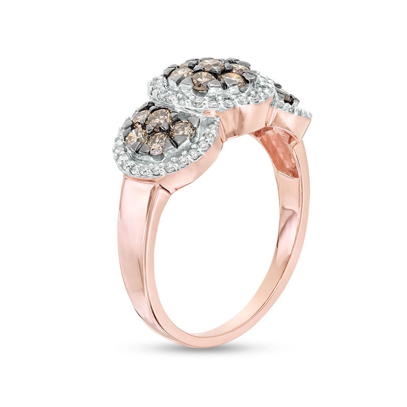 Main Image 3 of 1 CT. T.W. Composite Enhanced Champagne and White Diamond Frame Three Stone Ring in 10K Rose Gold