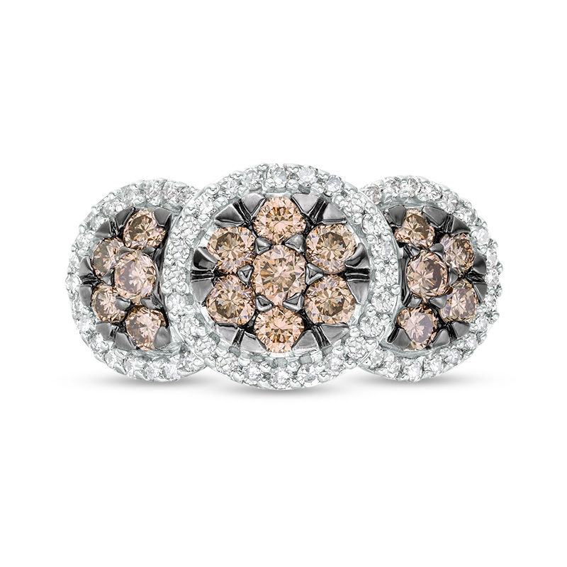 Main Image 4 of 1 CT. T.W. Composite Enhanced Champagne and White Diamond Frame Three Stone Ring in 10K Rose Gold