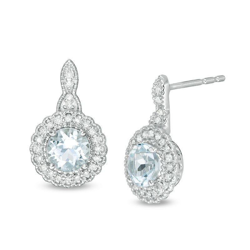 Main Image 1 of 5.0mm Aquamarine and 1/8 CT. T.W. Diamond Scallop Frame Vintage-Style Drop Earrings in 10K White Gold