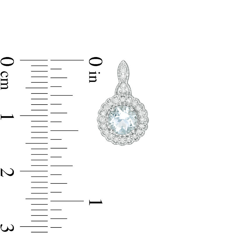 Main Image 3 of 5.0mm Aquamarine and 1/8 CT. T.W. Diamond Scallop Frame Vintage-Style Drop Earrings in 10K White Gold