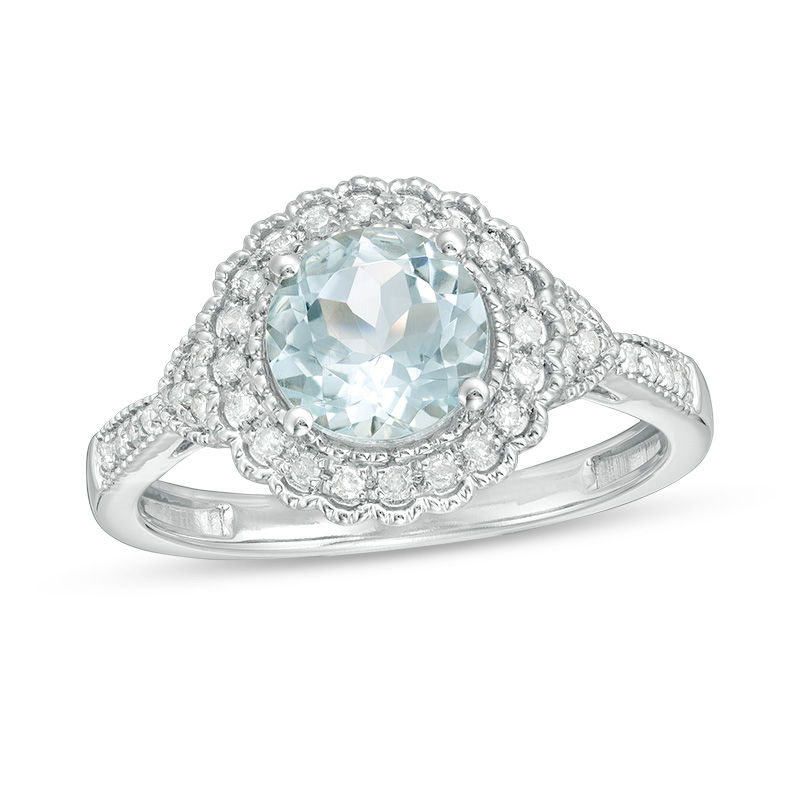 Main Image 1 of 7.0mm Aquamarine and 1/6 CT. T.W. Diamond Scallop Frame Vintage-Style Ring in 10K White Gold