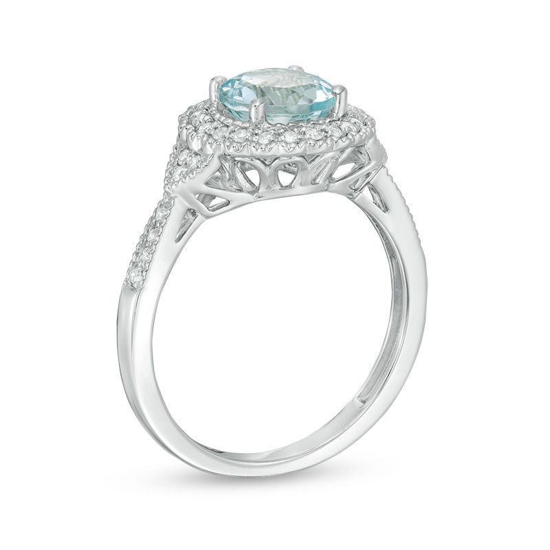 Main Image 3 of 7.0mm Aquamarine and 1/6 CT. T.W. Diamond Scallop Frame Vintage-Style Ring in 10K White Gold