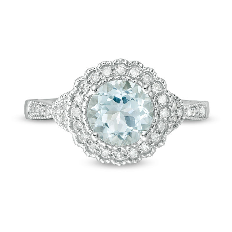 Main Image 4 of 7.0mm Aquamarine and 1/6 CT. T.W. Diamond Scallop Frame Vintage-Style Ring in 10K White Gold