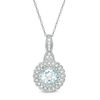 Thumbnail Image 1 of 7.0mm Aquamarine and 1/8 CT. T.W. Diamond Scallop Frame Vintage-Style Pendant in 10K White Gold
