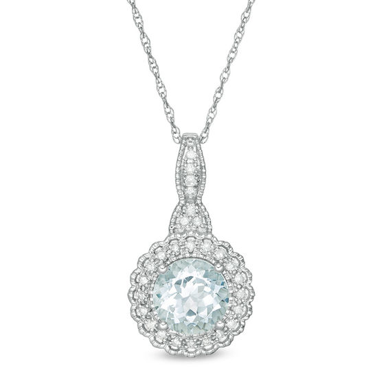 7.0mm Aquamarine and 1/8 CT. T.W. Diamond Scallop Frame Vintage-Style Pendant in 10K White Gold 7.0mm Aquamarine and 1/8 CT. T.W. Diamond Scallop Frame Vintage-Style Pendant in 10K White Gold