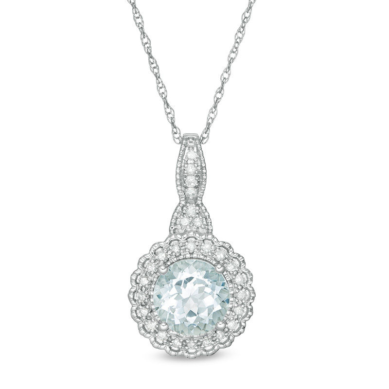 Main Image 1 of 7.0mm Aquamarine and 1/8 CT. T.W. Diamond Scallop Frame Vintage-Style Pendant in 10K White Gold