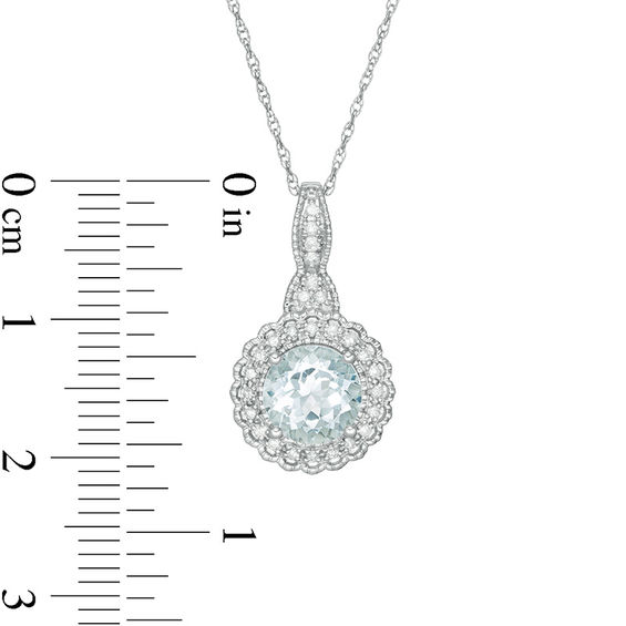 7.0mm Aquamarine and 1/8 CT. T.W. Diamond Scallop Frame Vintage-Style Pendant in 10K White Gold 7.0mm Aquamarine and 1/8 CT. T.W. Diamond Scallop Frame Vintage-Style Pendant in 10K White Gold