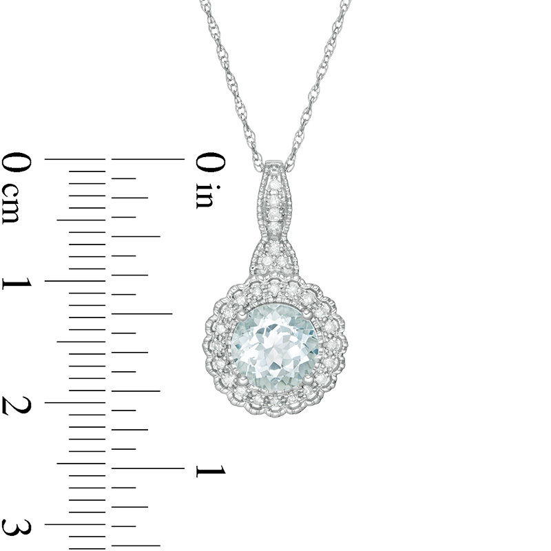 Main Image 3 of 7.0mm Aquamarine and 1/8 CT. T.W. Diamond Scallop Frame Vintage-Style Pendant in 10K White Gold