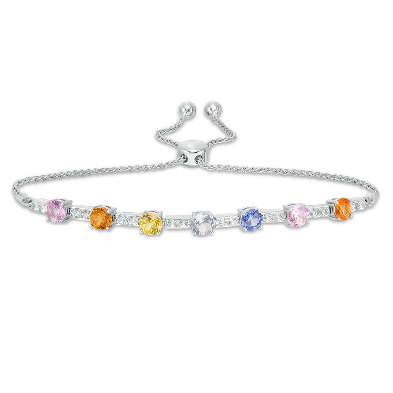 Main Image 1 of 4.0mm Lab-Created Multi-Color and White Sapphire Seven Stone Station Bolo Bracelet in Sterling Silver - 9.0"