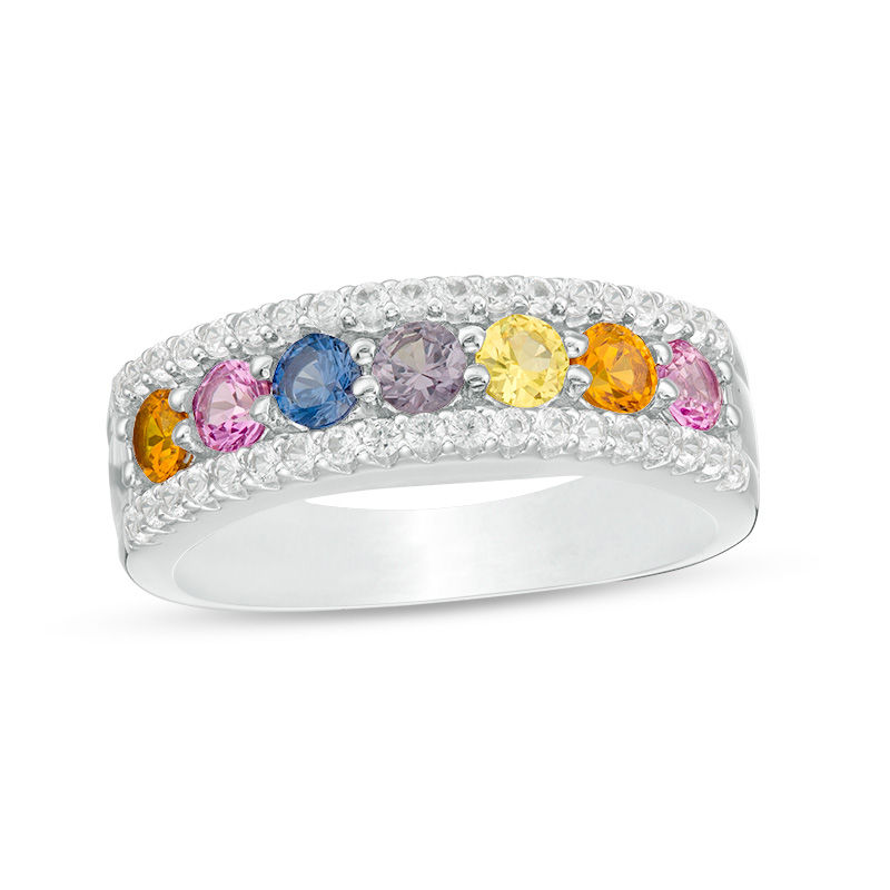 Main Image 1 of 3.0mm Lab-Created Multi-Color and White Sapphire Border Seven Stone Triple Row Ring in Sterling Silver