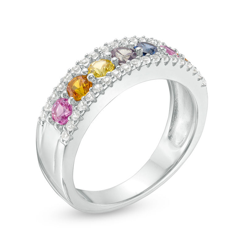 Main Image 3 of 3.0mm Lab-Created Multi-Color and White Sapphire Border Seven Stone Triple Row Ring in Sterling Silver
