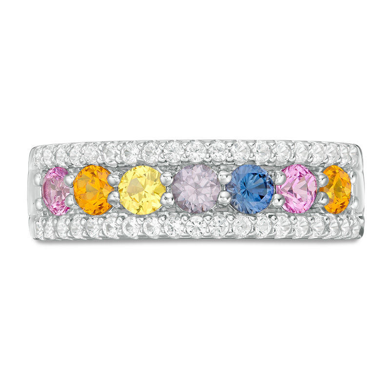 Main Image 4 of 3.0mm Lab-Created Multi-Color and White Sapphire Border Seven Stone Triple Row Ring in Sterling Silver