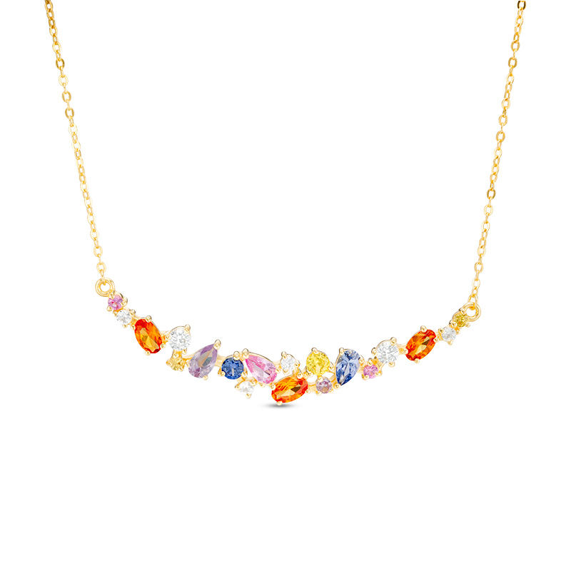 Main Image 1 of Lab-Created Multi-Color and White Sapphire Curved Cluster Necklace in Sterling Silver with 18K Gold Plate