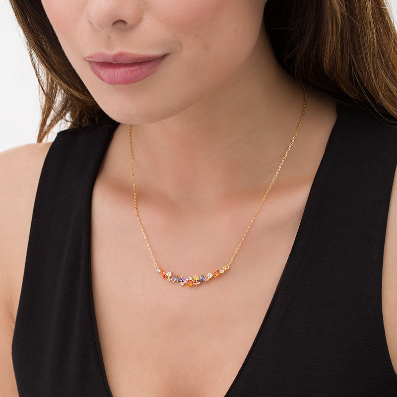 Main Image 2 of Lab-Created Multi-Color and White Sapphire Curved Cluster Necklace in Sterling Silver with 18K Gold Plate