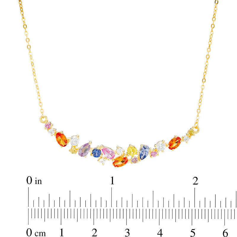 Main Image 3 of Lab-Created Multi-Color and White Sapphire Curved Cluster Necklace in Sterling Silver with 18K Gold Plate