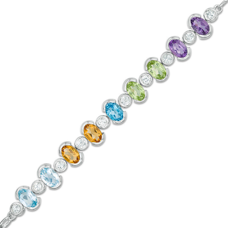 Main Image 1 of Oval Multi-Gemstone and White Topaz Bracelet in Sterling Silver - 7.5"