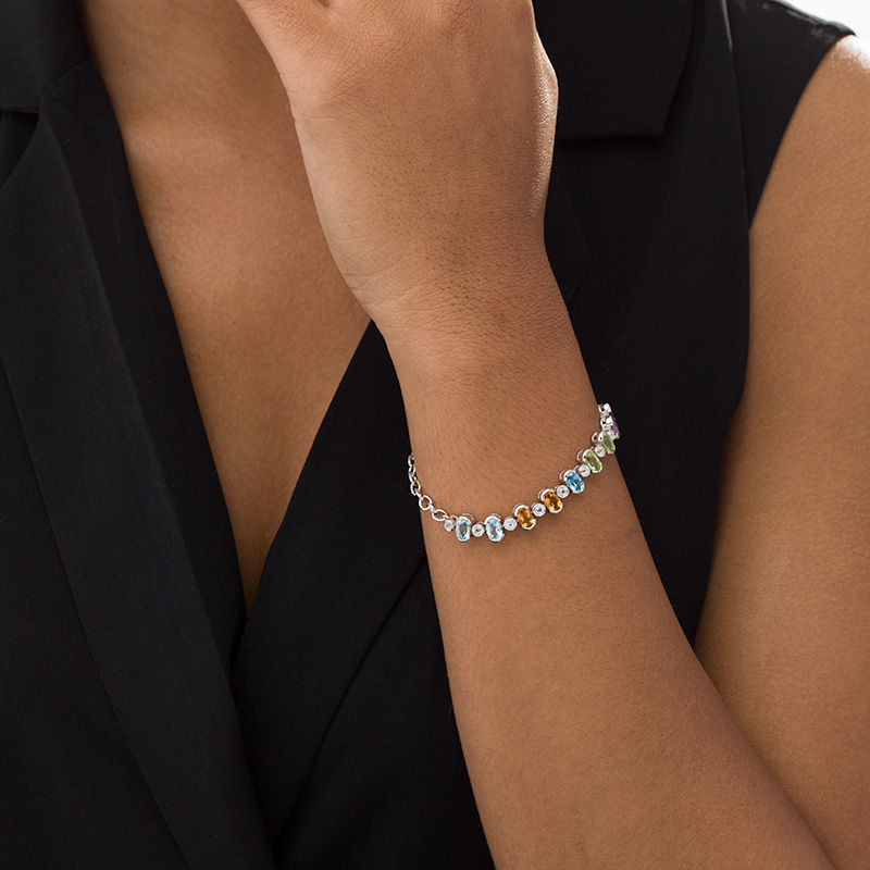Main Image 2 of Oval Multi-Gemstone and White Topaz Bracelet in Sterling Silver - 7.5"