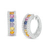 Thumbnail Image 1 of 3.0mm Lab-Created Multi-Color and White Sapphire Border Seven Stone Triple Row Huggie Hoop Earrings in Sterling Silver
