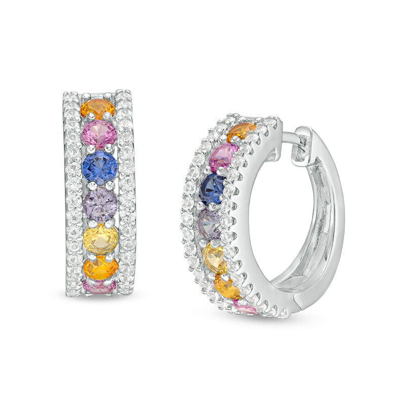 Main Image 1 of 3.0mm Lab-Created Multi-Color and White Sapphire Border Seven Stone Triple Row Huggie Hoop Earrings in Sterling Silver