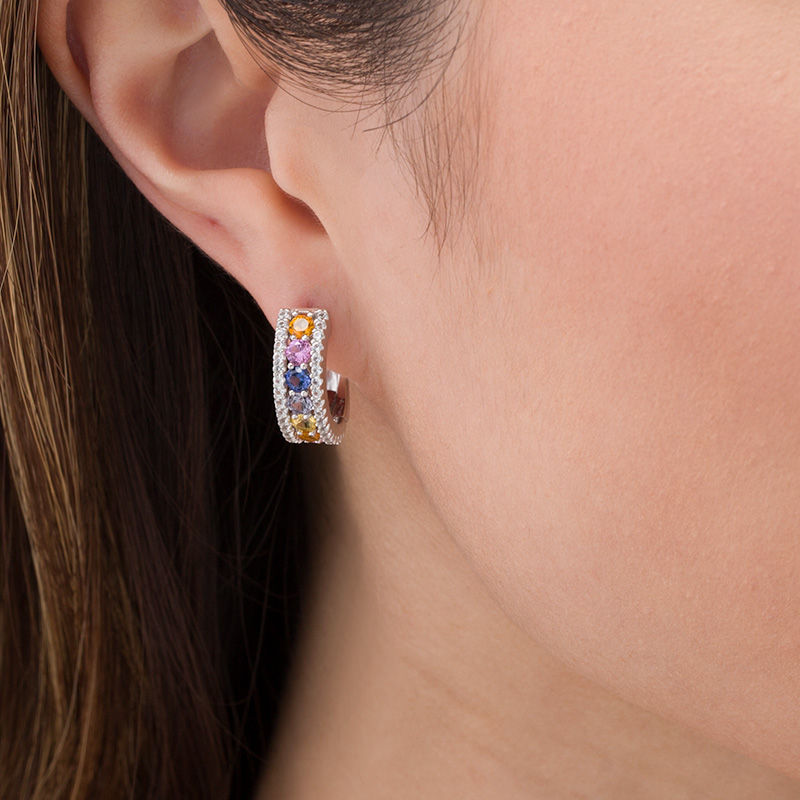 Main Image 2 of 3.0mm Lab-Created Multi-Color and White Sapphire Border Seven Stone Triple Row Huggie Hoop Earrings in Sterling Silver
