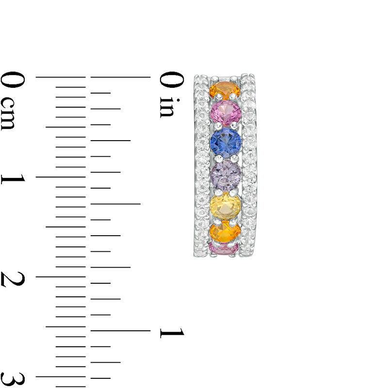 Main Image 3 of 3.0mm Lab-Created Multi-Color and White Sapphire Border Seven Stone Triple Row Huggie Hoop Earrings in Sterling Silver
